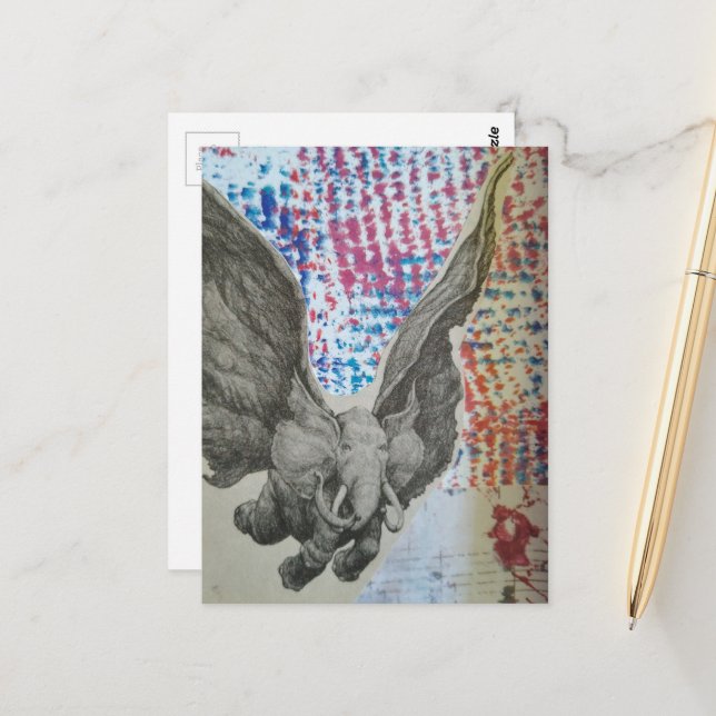 Carte Postale Collage éléphant volant fantastique (Devant/Arrière en situation)