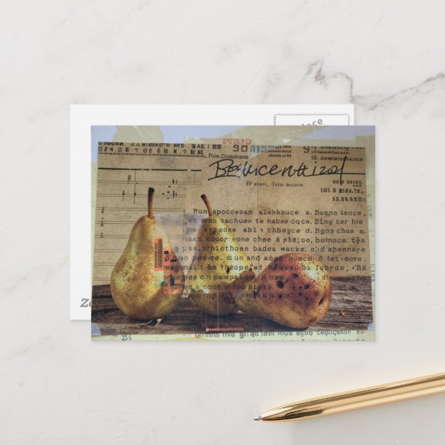 Carte Postale Collage en techniques mixtes avec poires (Devant/Arrière en situation)