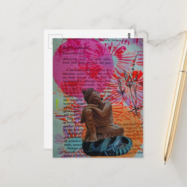Carte Postale Collage en techniques mixtes Bouddha de la paix et (Devant/Arrière en situation)