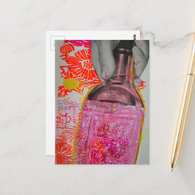 Carte Postale Collage en techniques mixtes de bouteille de whisk (Devant/Arrière en situation)