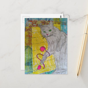 Carte Postale Collage en techniques mixtes de chat gris