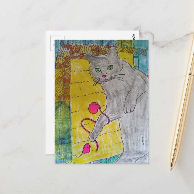 Carte Postale Collage en techniques mixtes de chat gris (Devant/Arrière en situation)