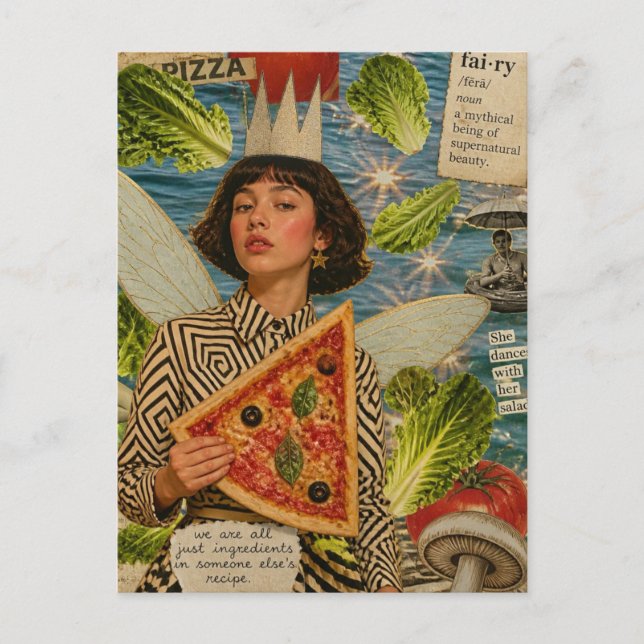 Carte Postale Collage en techniques mixtes de fée de pizza (Devant)