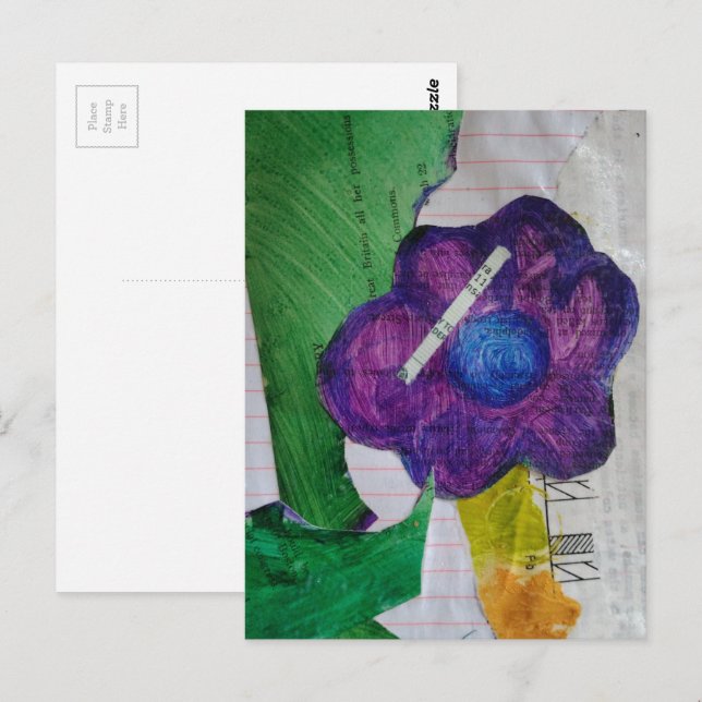 Carte Postale Collage en techniques mixtes de fleurs violettes (Devant / Derrière)