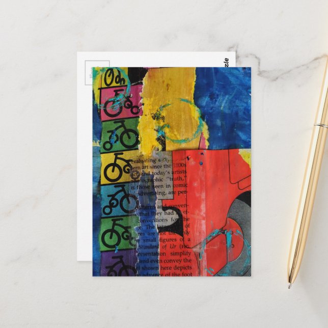 Carte Postale Collage en techniques mixtes de vélos et de camion (Devant/Arrière en situation)