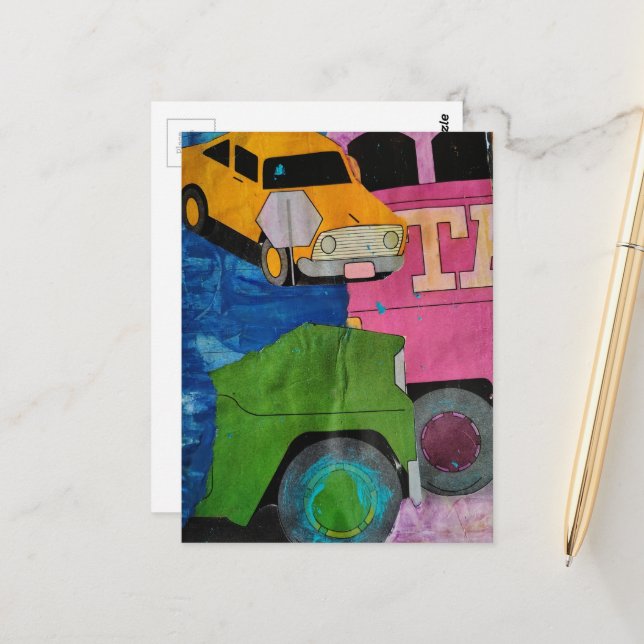 Carte Postale Collage en techniques mixtes de voitures et de cam (Devant/Arrière en situation)
