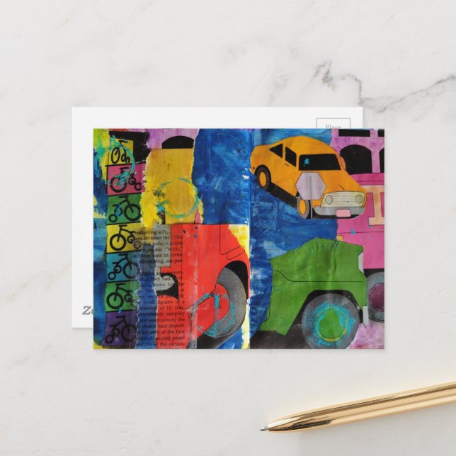 Carte Postale Collage en techniques mixtes de voitures, vélos et (Devant/Arrière en situation)
