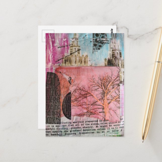 Carte Postale Collage en techniques mixtes d'un arbre d'hiver et (Devant/Arrière en situation)