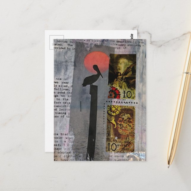 Carte Postale Collage en techniques mixtes d'un oiseau pélican e (Devant/Arrière en situation)