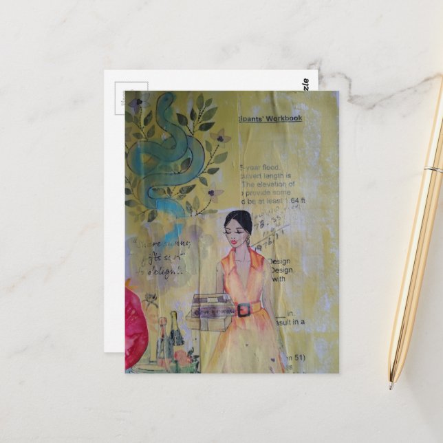 Carte Postale Collage en techniques mixtes d'une femme d'été et  (Devant/Arrière en situation)