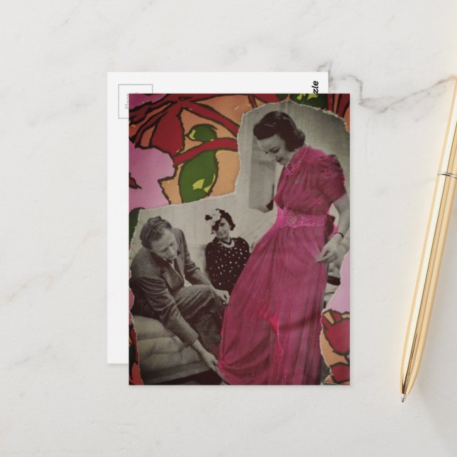 Carte Postale Collage en techniques mixtes Lady en pyjama rose 1 (Devant/Arrière en situation)