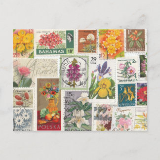 Carte Postale Collage floral - Timbres du monde