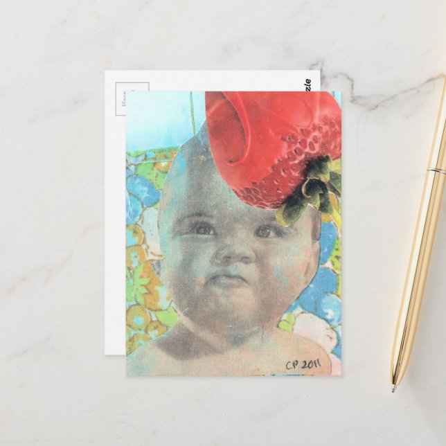 Carte Postale Collage fraise et bébé (Devant/Arrière en situation)