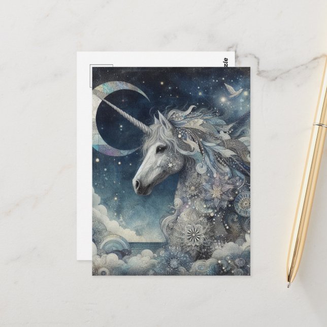 Carte Postale Collage Licorne Argentée Avec Lune (Devant/Arrière en situation)