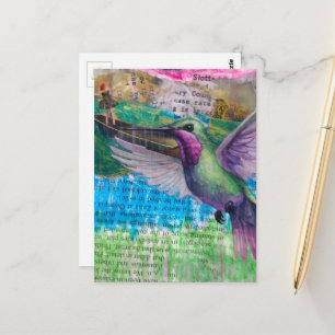 Carte Postale Collage mixte abstrait d'oiseau-mouche et de batea