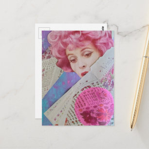 Carte Postale Collage mixte de dame aux cheveux rose rétro