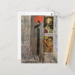 Carte Postale Collage mixte d'oiseau pélican et de timbres