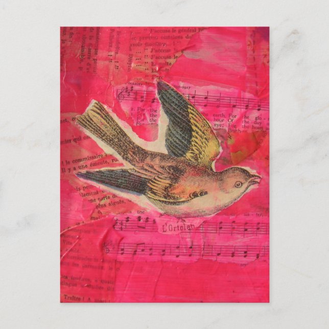 Carte Postale Collage mixte d'oiseau vintage rose chaud  (Devant)