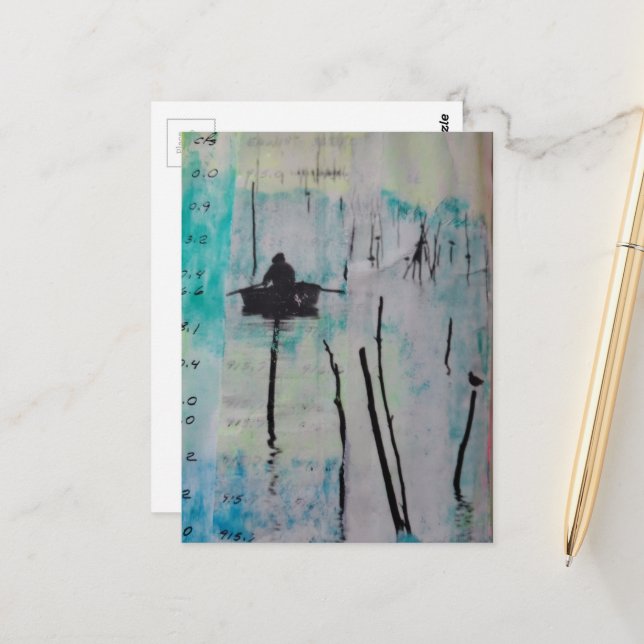 Carte Postale Collage mixte d'un bateau et d'un oiseau (Devant/Arrière en situation)