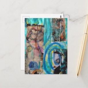 Carte Postale Collage mixte média rétro cheval, âne et poupée