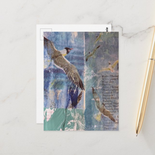 Carte Postale Collage mixte média sur les oiseaux (Devant/Arrière en situation)