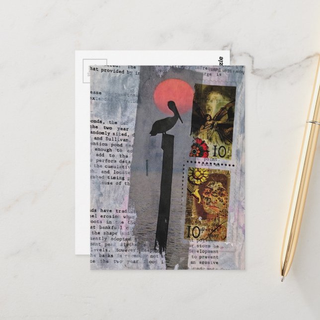 Carte Postale collage multimédia avec un pélican (Devant/Arrière en situation)
