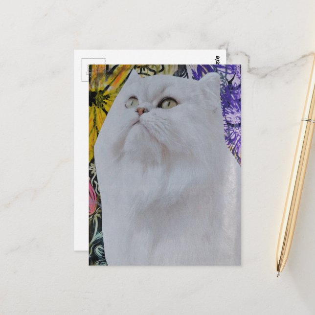 Carte Postale Collage multimédia chat blanc dans les fleurs (Devant/Arrière en situation)