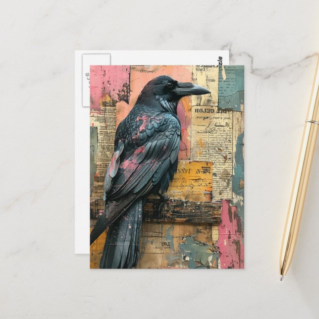 Carte Postale Collage multimédia Corbeau noir (Devant/Arrière en situation)