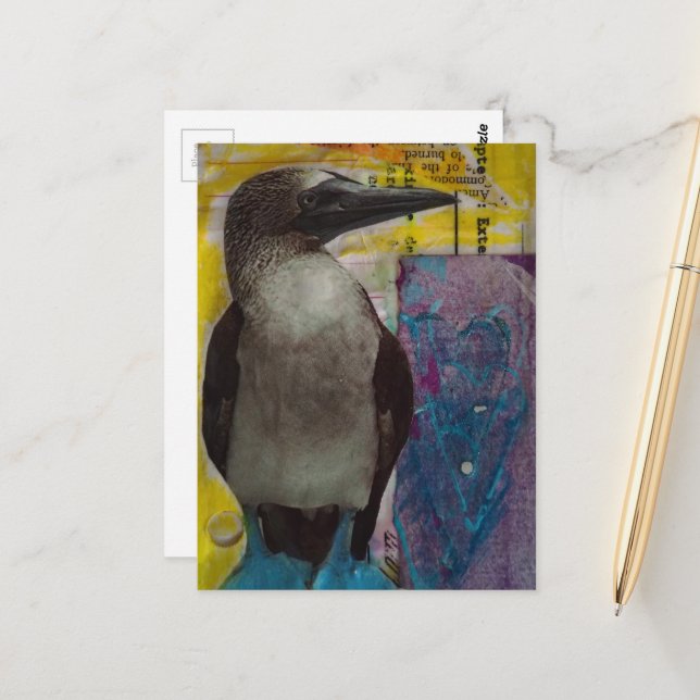 Carte Postale Collage multimédia d'oiseau à pattes bleues (Devant/Arrière en situation)