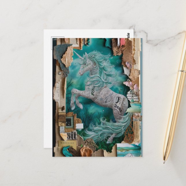 Carte Postale Collage multimédia mixte Unicorn (Devant/Arrière en situation)