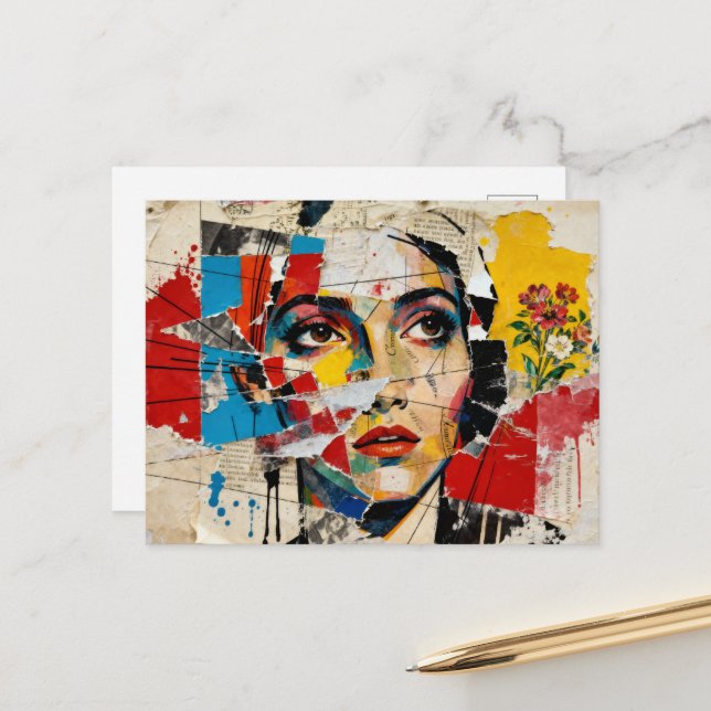 Carte Postale Collage multimédia Visage et fleurs (Devant/Arrière en situation)
