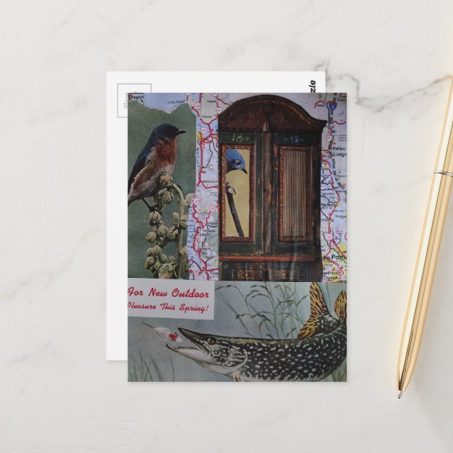 Carte Postale Collage Oiseaux et Poissons Rétro (Devant/Arrière en situation)