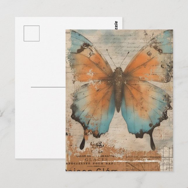 Carte Postale Collage Papillon Vintage Aquarelle (Devant / Derrière)