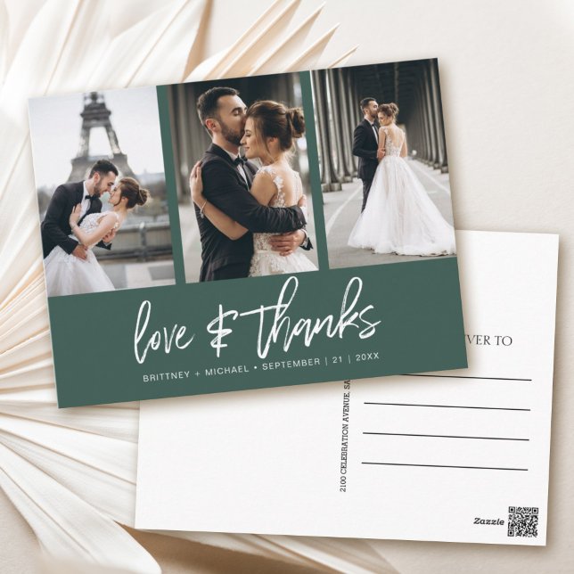 Carte Postale Collage photo à la main Merci vert de la forêt (Show your appreciation to your loved ones with an awesome photo thank-you card!)