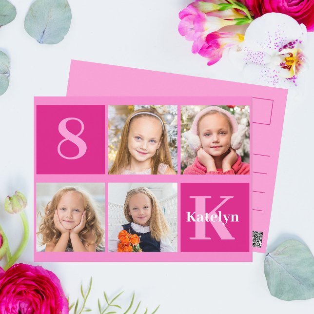 Carte Postale Collage photo chic fille d'anniversaire rose chaud (Créateur téléchargé)