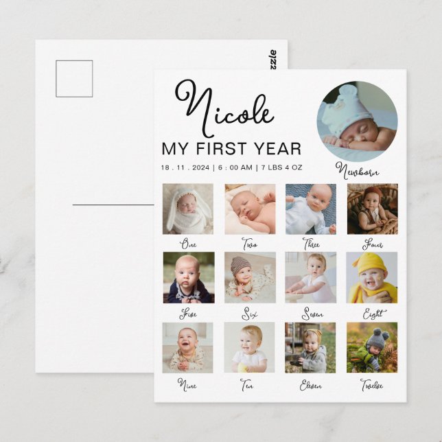 Carte Postale Collage photo de la première année de bébé 12 mois (Devant / Derrière)