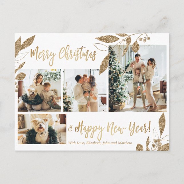 Carte Postale Collage photo de Noël Feuillage doré moderne 4 (Devant)