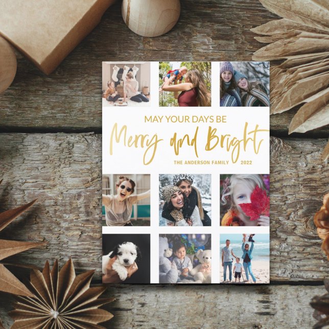 Carte Postale Collage photo de script doré Merry and Bright  (Créateur téléchargé)