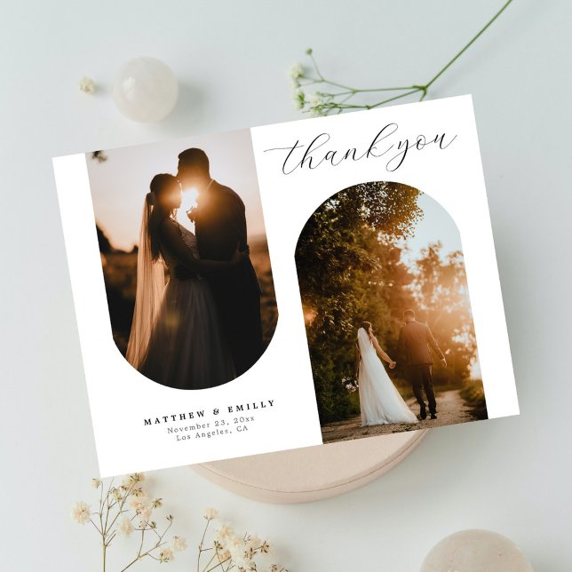 Carte Postale Collage photo en arc chic Merci Mariage minimal (Créateur téléchargé)