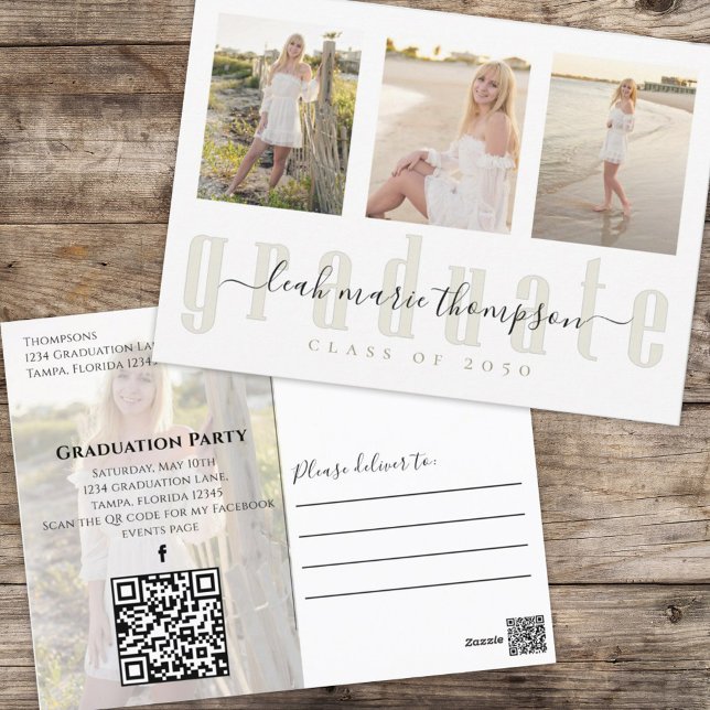 Carte Postale Collage Photo Graduate Simple Elegant Gold Script (Graduation postcard with a scannable QR Code and multi photo template. )