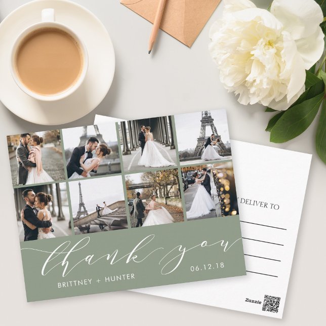 Carte Postale Collage Photo Moderne Merci Vert Sauge (Créateur téléchargé)