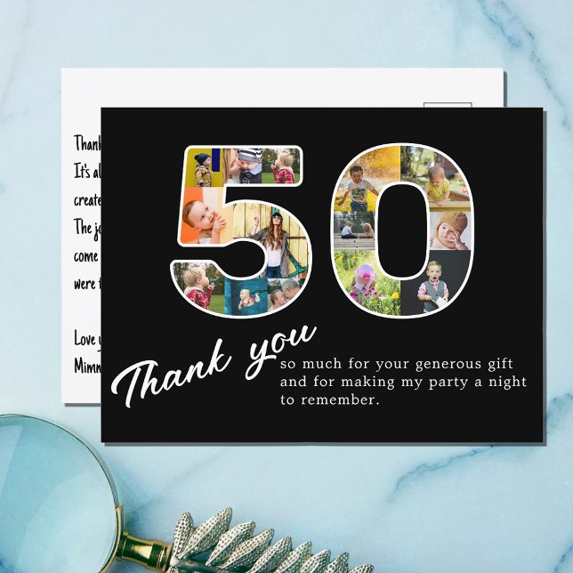 Carte Postale Collage photo noir pour les remerciements du 50e a (50th birthday thank you postcard with photo montage.)