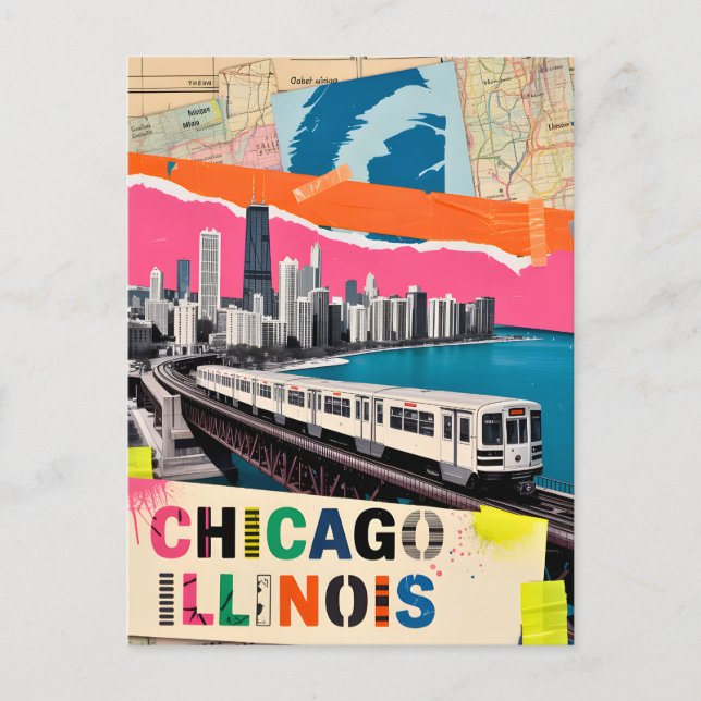 Carte Postale Collage Pop Art Train de la Skyline de Chicago Voy (Devant)