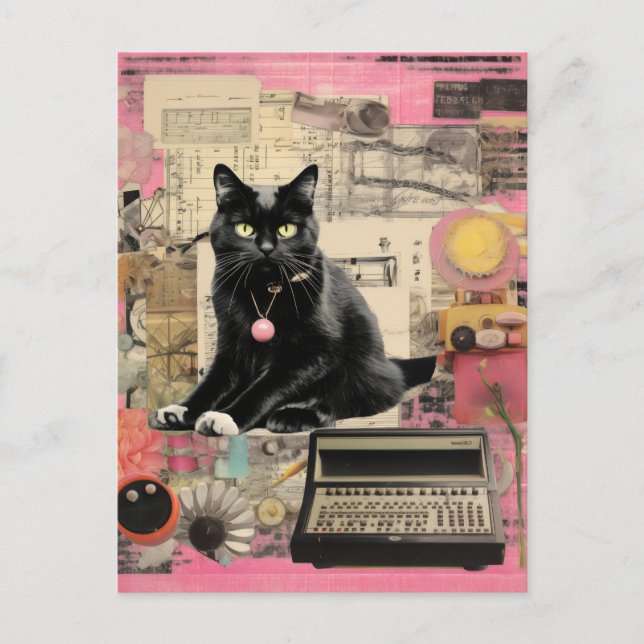 Carte Postale Collage rétro de chat noir (Devant)