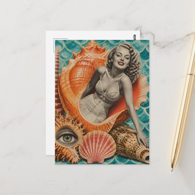 Carte Postale Collage Rétro Elle Vend les Coquillages  (Devant/Arrière en situation)