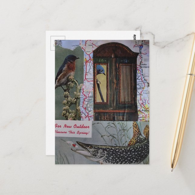 Carte Postale Collage Rétro Oiseaux et Poissons (Devant/Arrière en situation)