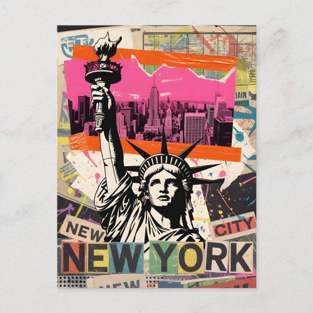 Carte Postale Collage Rétro Punk de la Statue de la Liberté de N (Devant)