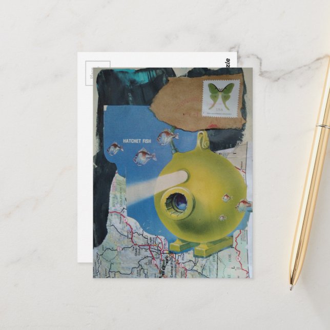 Carte Postale Collage Rétro sous-marin Poisson et Papillon (Devant/Arrière en situation)
