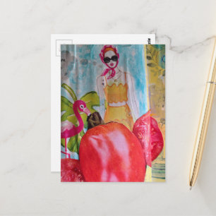 Carte Postale Collage surréaliste amusant Femme Flamingo Tomates