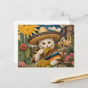 Carte Postale Collage surréaliste de chat mangeant des tacos